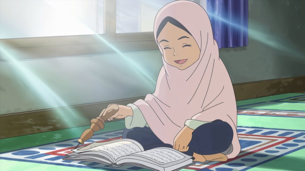 Young Muslim girl smiling while reading the Quran during a Quran learning for kids session at Roots Muslim School.