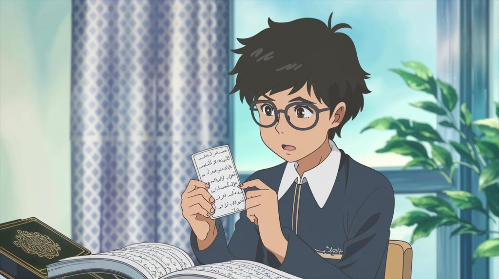 Close-up of a young Muslim student practicing Arabic pronunciation using flashcards with letters ع and أ, sitting at a desk with a Qur’an open beside them.