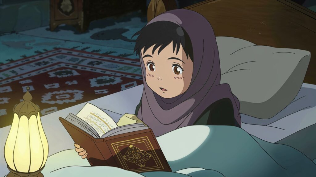 A young Muslim girl reciting Qur’an in bed before sleeping, with a soft night lamp glowing beside her mushaf.