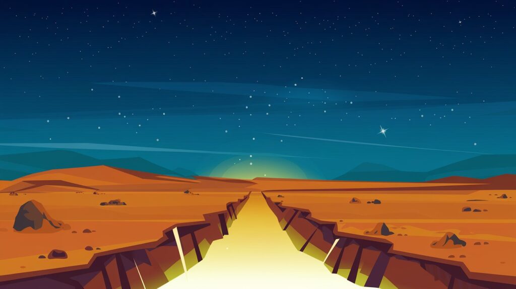 Illustration of a calm desert evening sky with stars, showing a a glowing ditch, symbolizing the story of Ashab al-Ukhdood from Surah Al-Buruj.