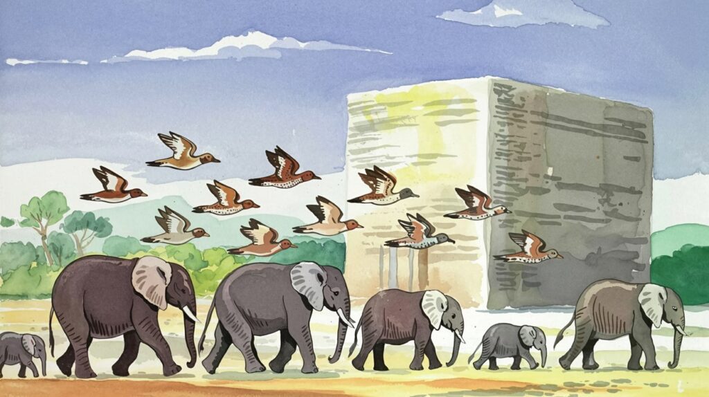 Illustration of tiny birds carrying pebbles in their beaks above giant elephants marching toward the Kaʿbah, symbolizing the miracle of Surah Al-Fīl.