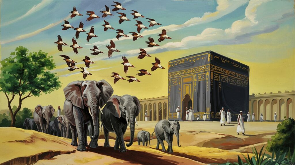 The Kaʿbah with elephants approaching, while flocks of birds fly overhead, symbolizing Allah’s protection during the Year of the Elephant.