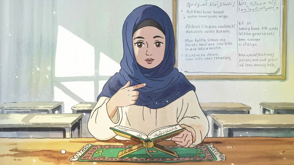 Muslim teacher pointing to her heart while holding a Qur’an, symbolizing sincerity in Quran education.