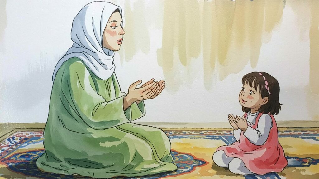 Muslim mother reciting Qur’an while daughter listens and learns by watching