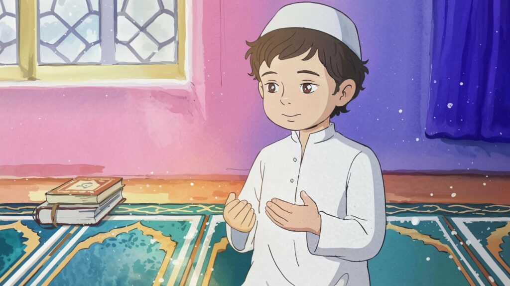 A young Muslim boy focused in salah, showing sincerity and mindfulness in prayer in Islam for kids.