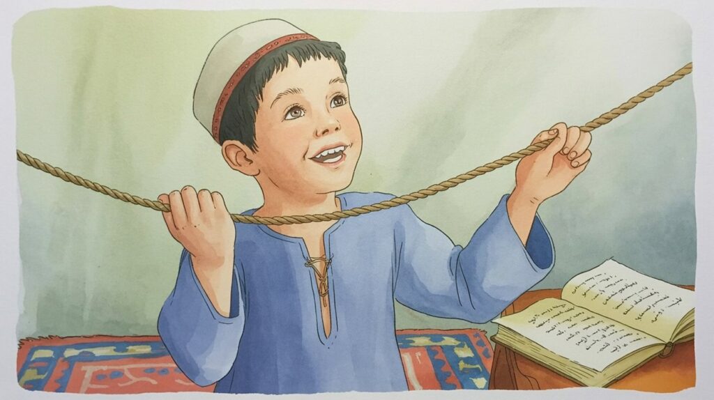 A young Muslim boy holding a rope stretched between his hands, smiling as he learns the correct way to elongate sounds while reading Qur’an.
