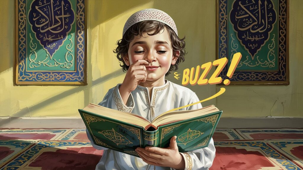 Young Muslim boy trying the Ghunnah Nose Test by pinching his nose and reciting with a smile.