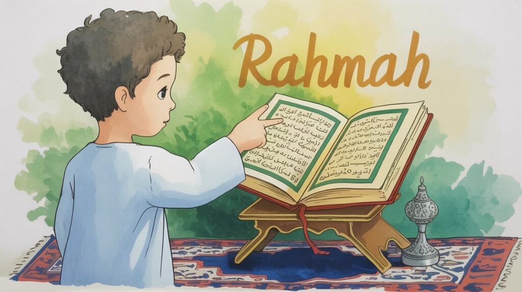A young Muslim boy in a light blue thobe pointing at a glowing Qur’an, with the word Rahmah floating in golden letters above the page.
