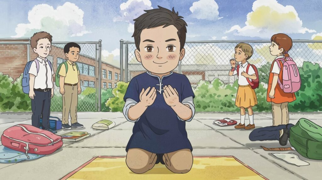 A young Muslim boy smiling confidently while praying in a schoolyard, showing courage despite being watched by classmates. This visual reflects the Prophet’s early struggles in Makkah and teaches kids to stay patient and proud of their faith, even when others are watching.