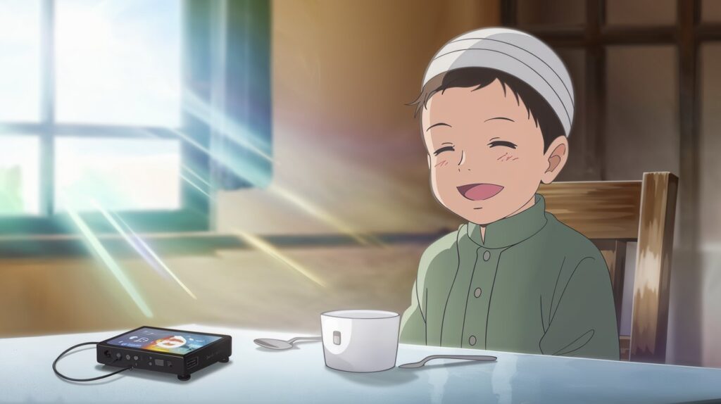 A young Muslim child sitting at a breakfast table, smiling while listening to Quran recitation in the morning sunlight.