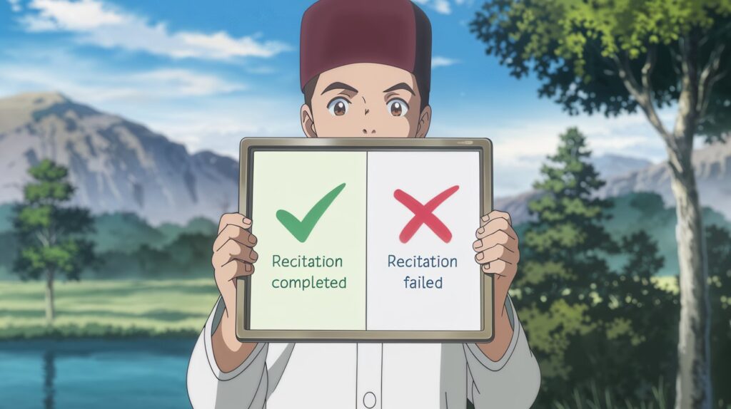 Side-by-side visual: one recitation shown with a clear green checkmark and doubled letter sound, the other with a red X to show a missing shaddah in Quran learning.