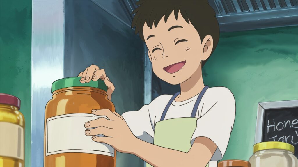 Young Muslim boy smiling in the kitchen while labeling a jar of honey