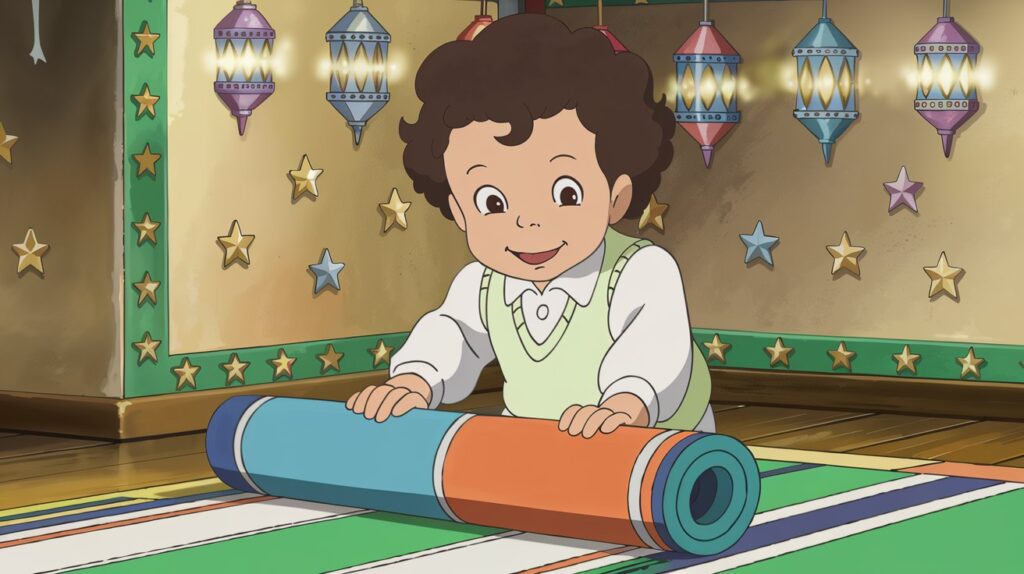 A smiling young Muslim child proudly rolling out a colorful prayer mat in a decorated home corner with lanterns and star stickers, creating their own mini masjid.
