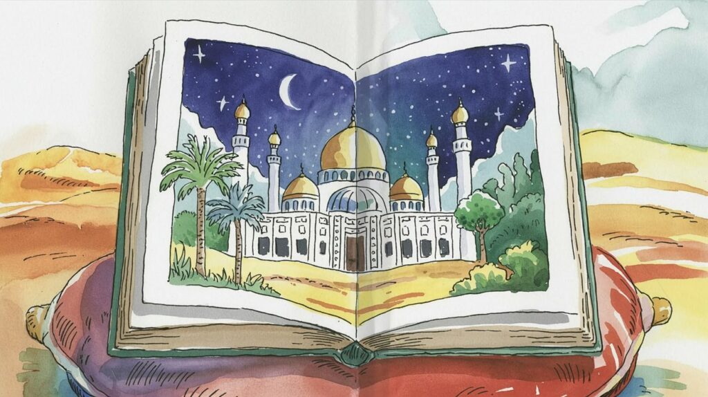 Storybook illustration glowing with mosque and stars, symbolizing Prophet’s birth in Rabiʿ al-Awwal.