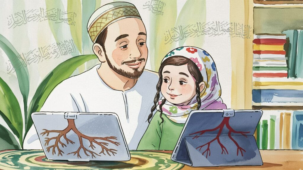 A Muslim father and daughter reciting Qur’an together while learning Arabic roots on a tablet.