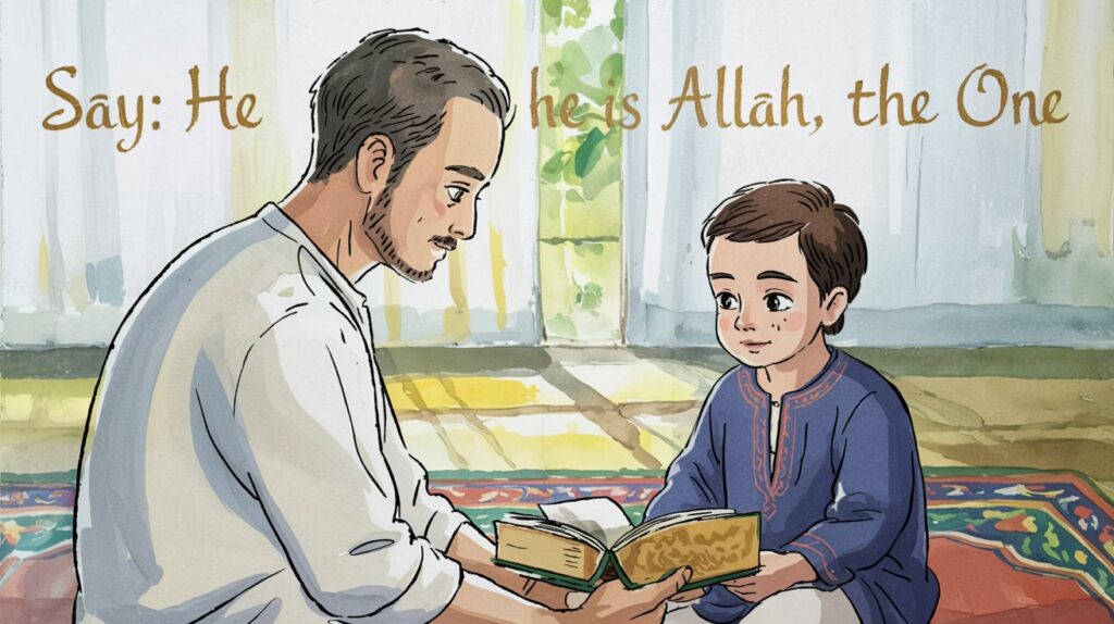 Parent and child reading Qur’an together, learning about Allah’s Oneness from Surah Al-Ikhlas.