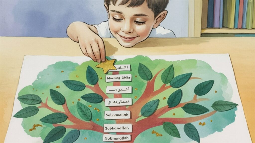 Muslim child completing Sticker Chart Dhikr activity by adding a leaf to the Morning Dhikr Tree