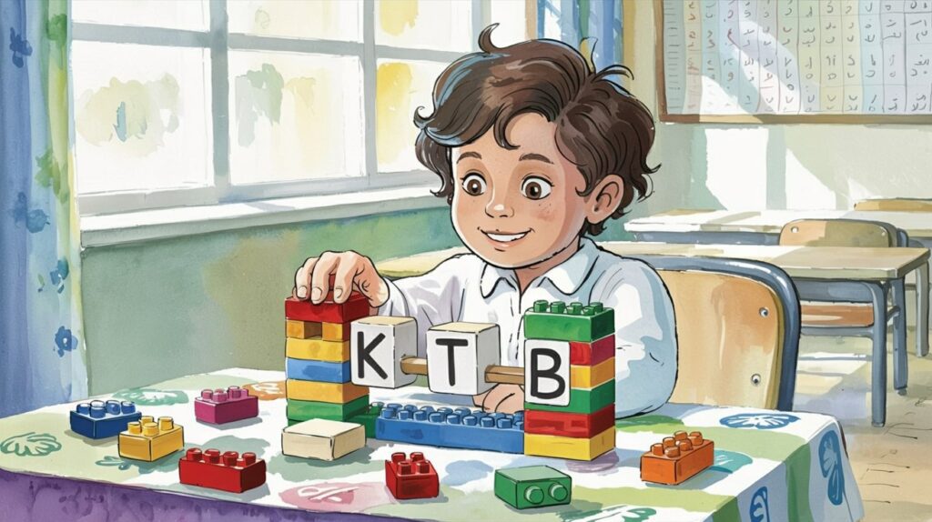 A cheerful classroom where a Muslim student learns Arabic root words using colorful LEGO blocks shaped like Arabic letters, building a “root family tower” with the root K–T–B.