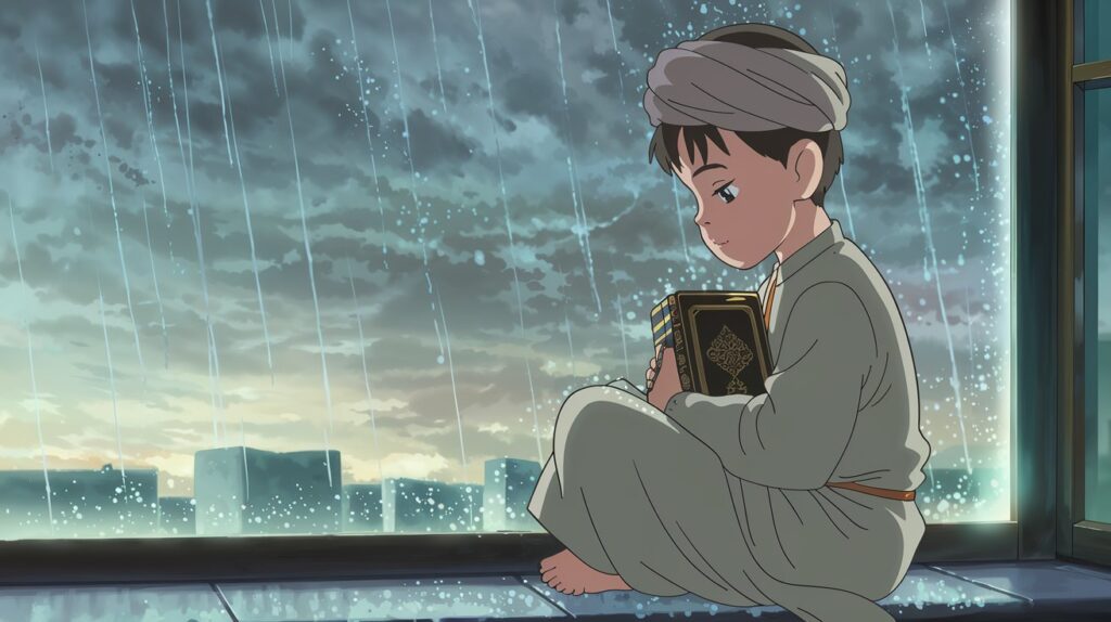 A young Muslim boy sits peacefully by a window during rainfall, holding a Qur’an close to his chest — symbolizing calmness, trust, and the importance of sabr in Islam during life’s tests.