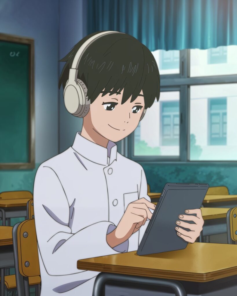 young Muslim student wearing headphones, repeating Arabic letters on a tablet while smiling representing interactive Tajweed learning at Roots Muslim School.