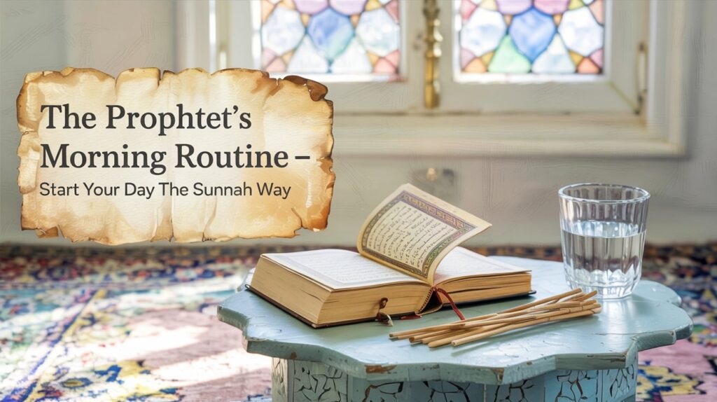 Quran, siwak, and a glass of water placed near sunlight — symbolizing the Prophet’s Sunnah morning routine for a peaceful and healthy start to the day.