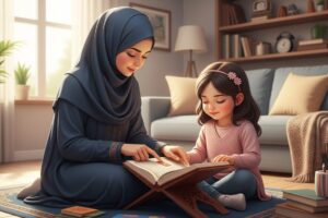 “Parent helping daughter memorize Quran at home in a warm and supportive environment.”