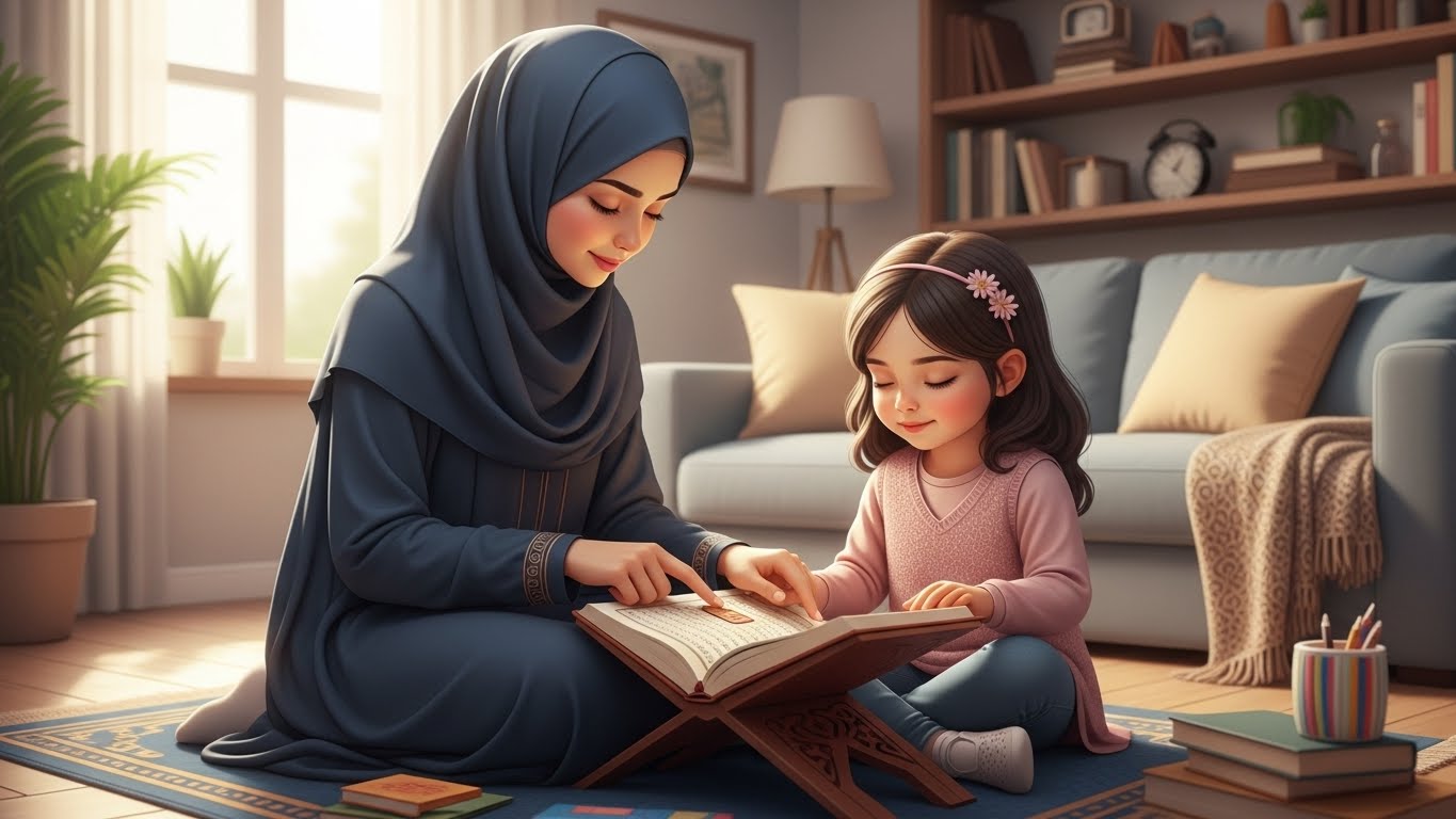 “Parent helping daughter memorize Quran at home in a warm and supportive environment.”