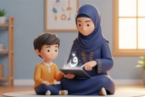Mother teaching Arabic at home with his child