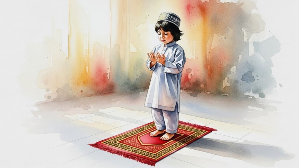 A young Muslim child standing on a prayer mat, praying Salah