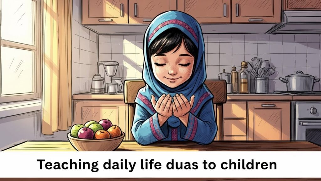 Young Muslim child sitting at the breakfast table, hands folded, reciting Bismillah before eating, smiling as a parent guides them. Demonstrates teaching daily life duas to children