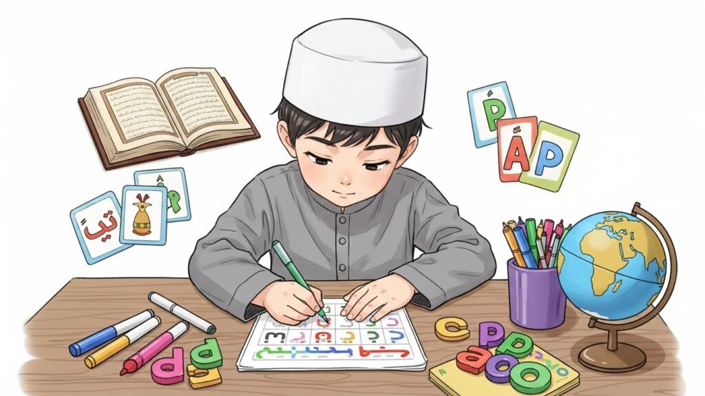 A young Muslim boy sits at a desk tracing letters on a colorful worksheet, surrounded by learning materials like flashcards, markers, foam letters, a globe, and an open Qur’an, engaged in learning Arabic.