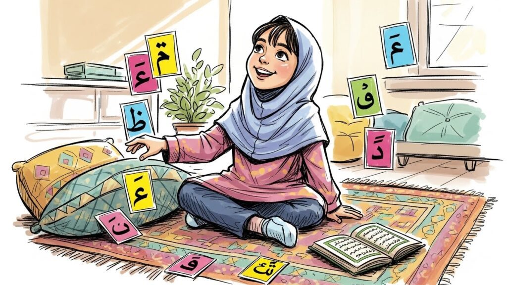 Young Muslim girl playing a treasure hunt game with Arabic letter cards at home, smiling while learning tajweed in a fun and interactive way.