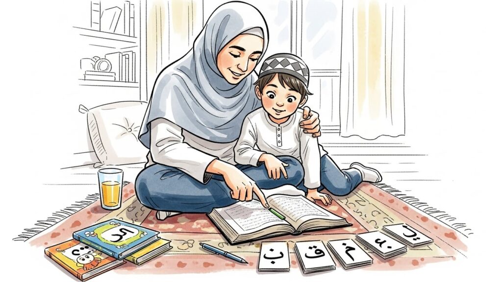 Parent and child learning Arabic roots together while reading the Qur’an at home