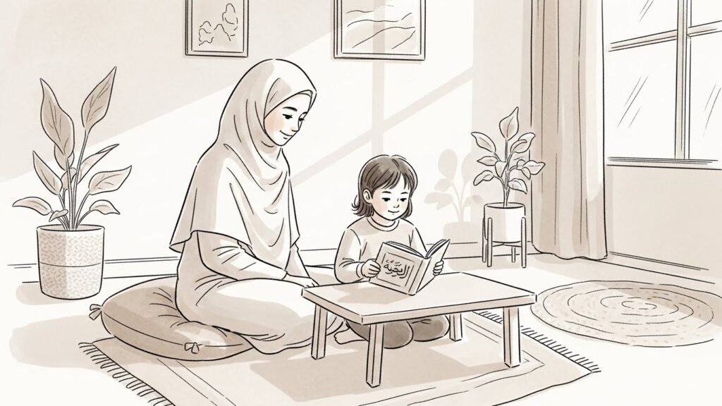 A calm, minimal illustration of a parent and child sitting together in a quiet home setting, practicing a daily Islamic habit. Warm, neutral tones with soft natural lighting. No text or symbols.