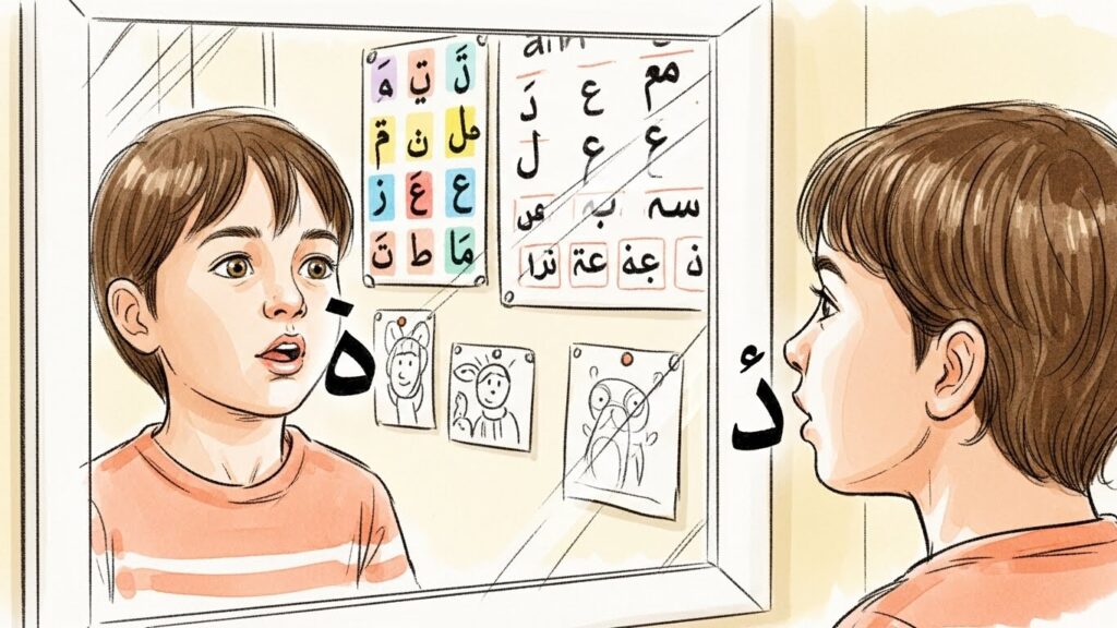 Child practicing Arabic letter ‘ع’ in front of a mirror at home, focusing on throat and mouth movement for correct Arabic ayn pronunciation