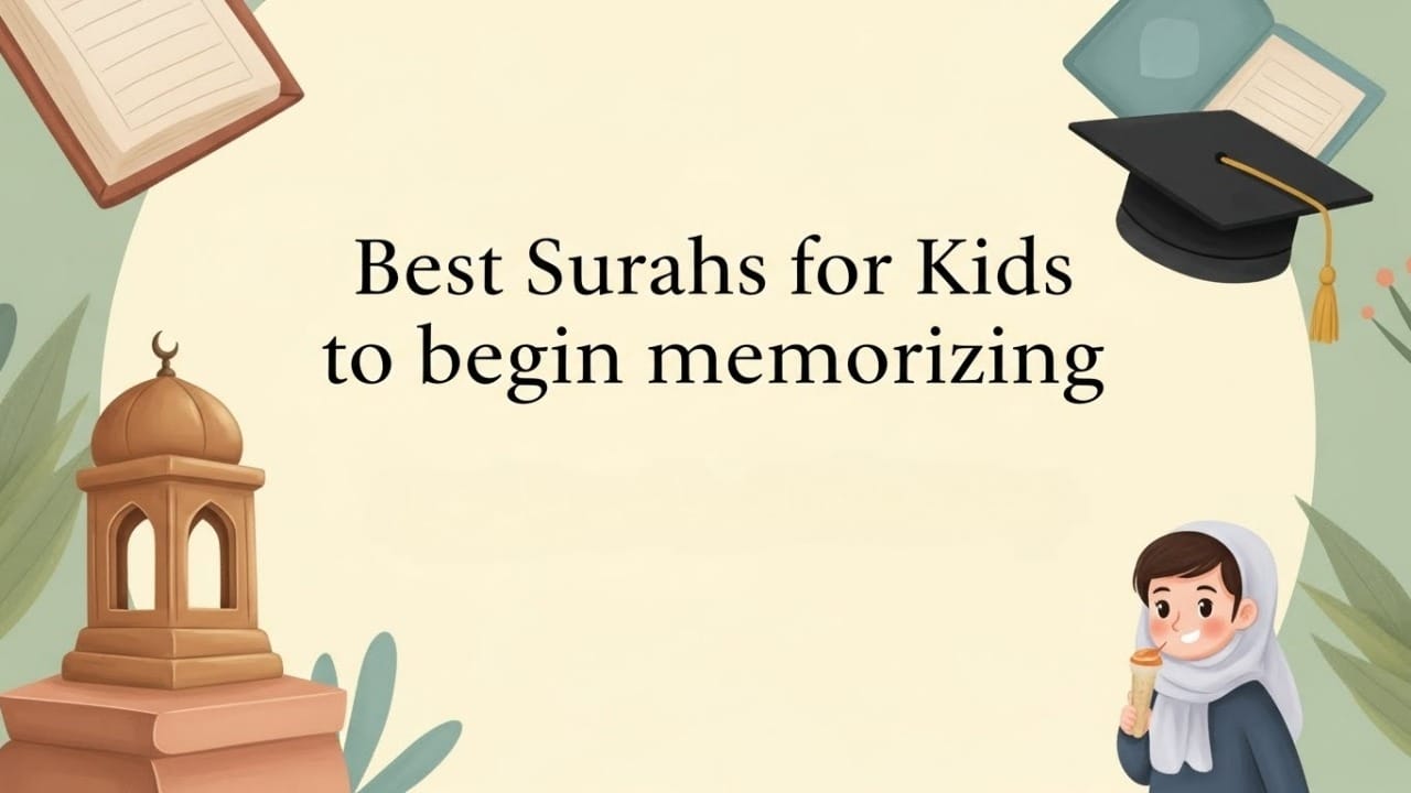 “Blog cover with illustrated Islamic elements and a child, titled ‘Best Surahs for Kids to Begin Memorizing’.”