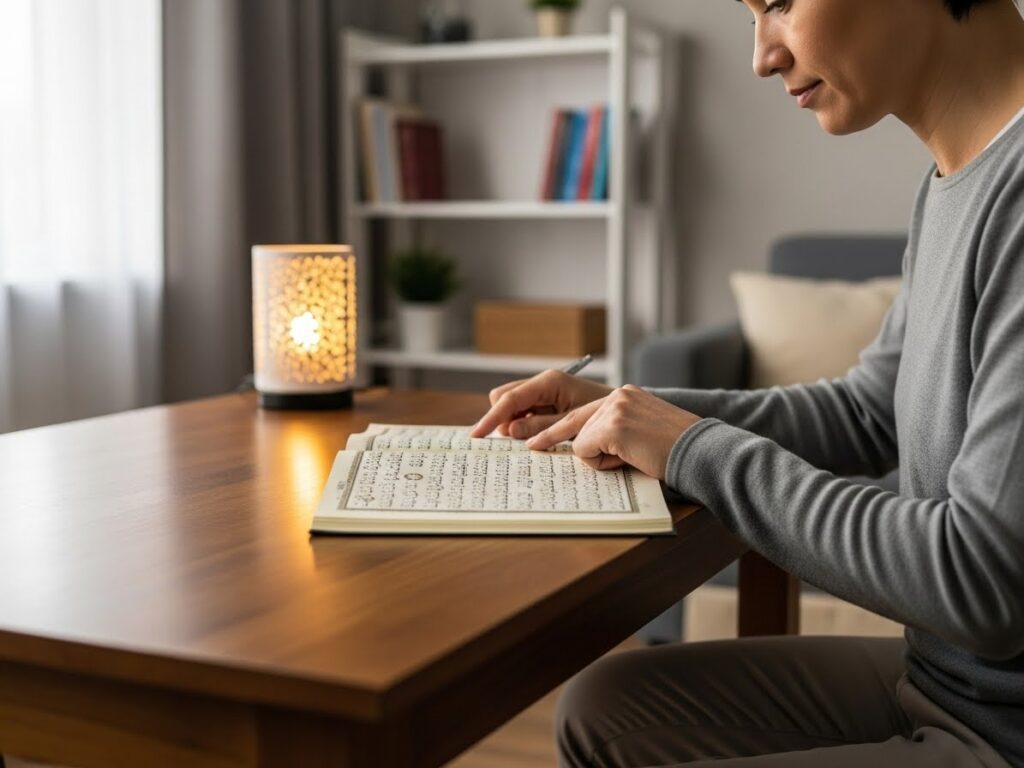 "Adult learning Tajweed at home with a Quran, practicing correct pronunciation and focusing on Quran recitation. Tajweed practice for beginners."  learn tajweed adults