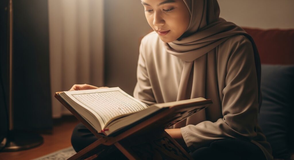 "A Muslim student reciting the Quran with focus, holding an open mushaf under soft lighting, showcasing the peaceful and reflective nature of Tajweed."