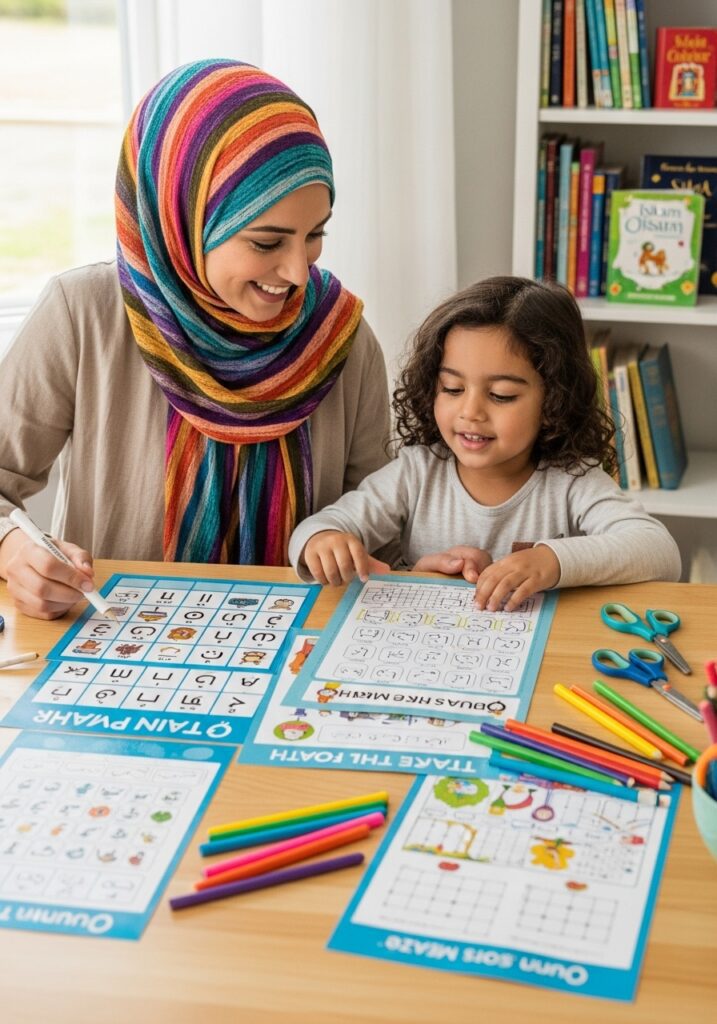Non-Arab Muslim parent and child using fun Quran activities kids enjoy during Quran time.