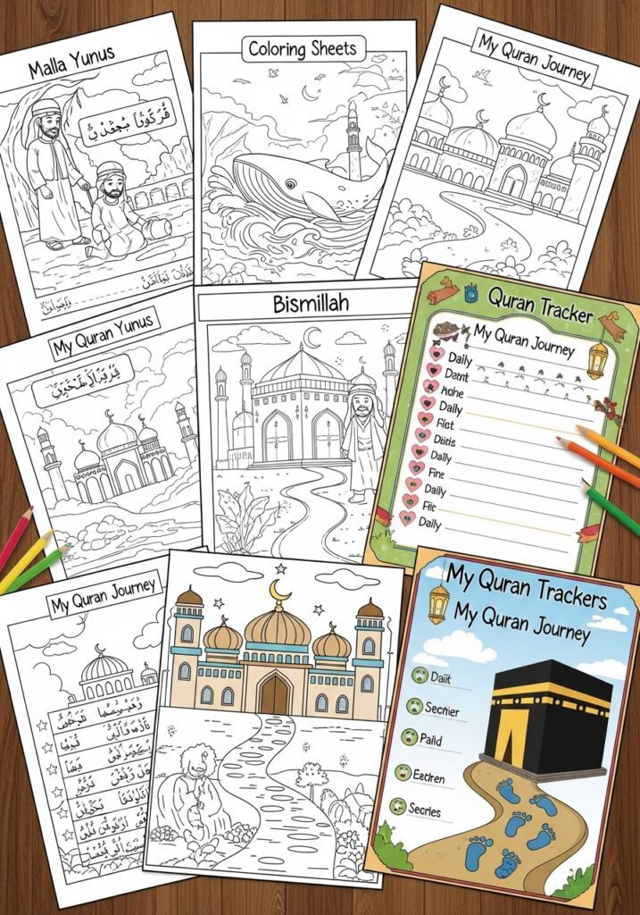 Printable Quran activities kids can use, including coloring pages and Quran habit trackers.