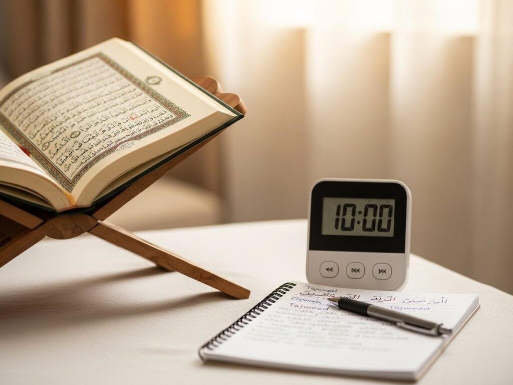 "Simple home setup for adult Quran learners, featuring a mushaf and timer, emphasizing short, daily Tajweed practice for beginners."learn tajweed adults