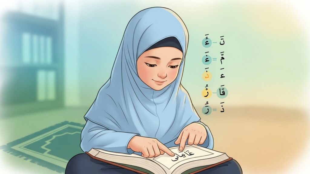 Beginner Muslim learner holding the Quran with highlighted Arabic letters, illustrating common Quran reading mistakes and learning Tajweed basics.