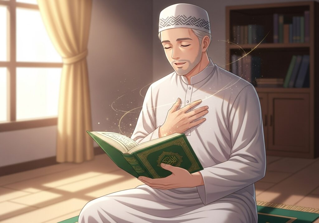 Non-Arab Muslim adult reciting the Quran with Tajweed, experiencing peace and connection.