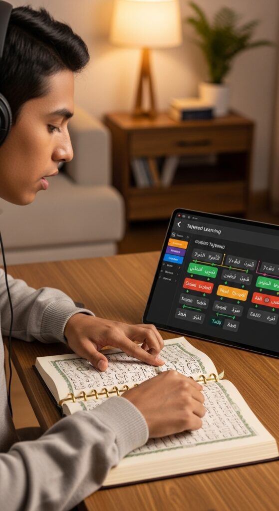 Non-Arab Muslim learning Tajweed online with a teacher to improve Quran reading fast.