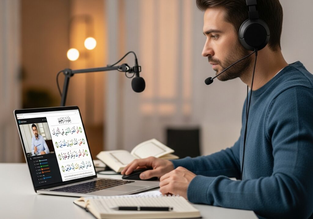 Non-Arab Muslim adult learning Tajweed online on a laptop with headphones, following a step-by-step Quran recitation lesson.