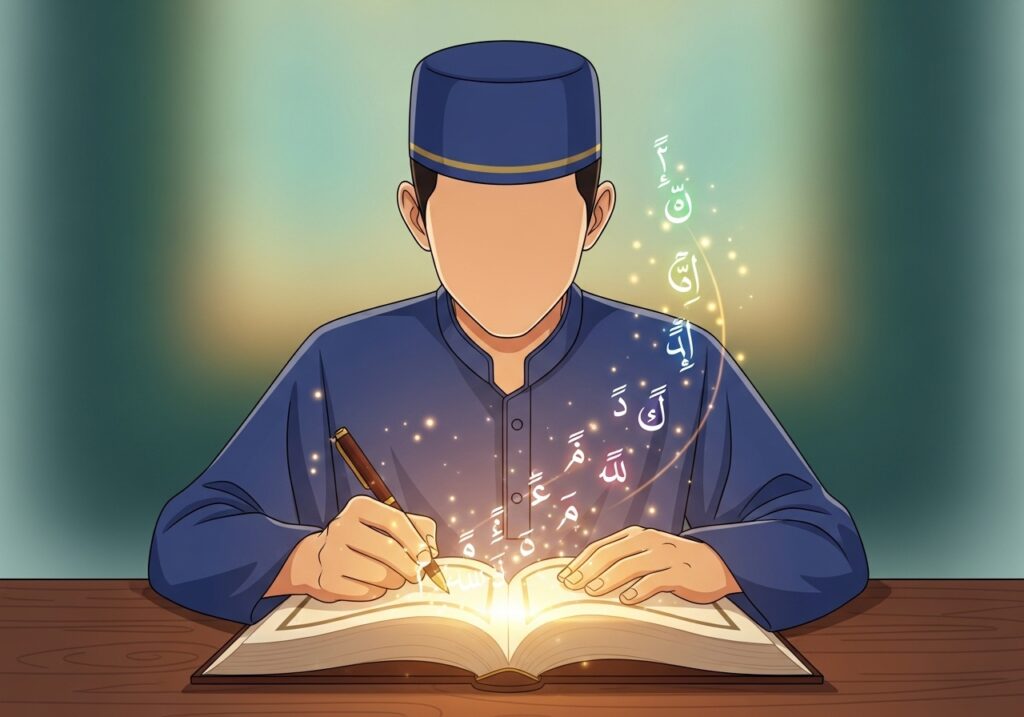 Beginner learning Tajweed with an open Quran, showing how step-by-step practice builds confidence and spiritual focus.