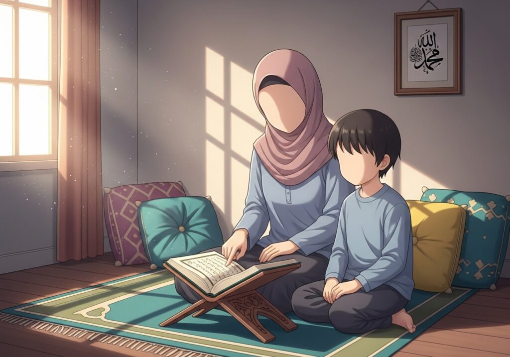 Muslim parent and child reciting the Quran together at home, building a simple daily Tajweed routine for kids.