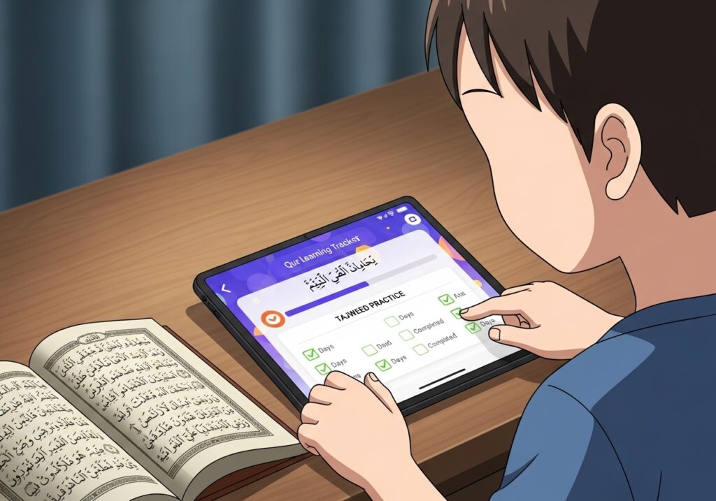 Child using a Quran learning tracker to practice Tajweed, showing consistency and daily progress in Quran recitation.