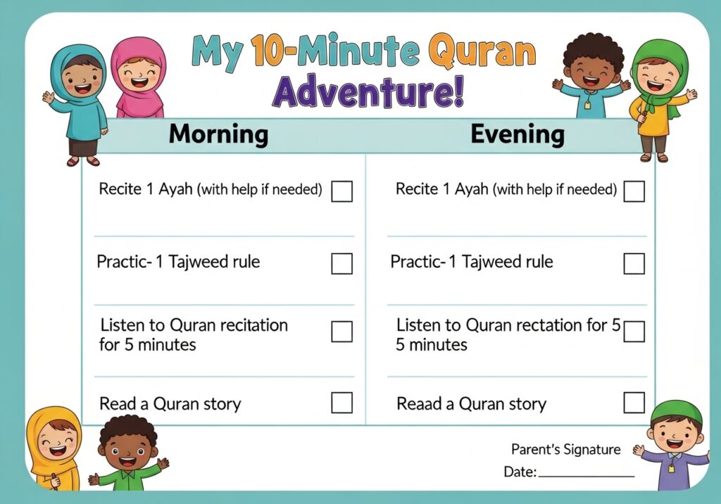 Printable 10-minute Quran routine checklist for kids to support consistent daily Quran reading and Tajweed practice.