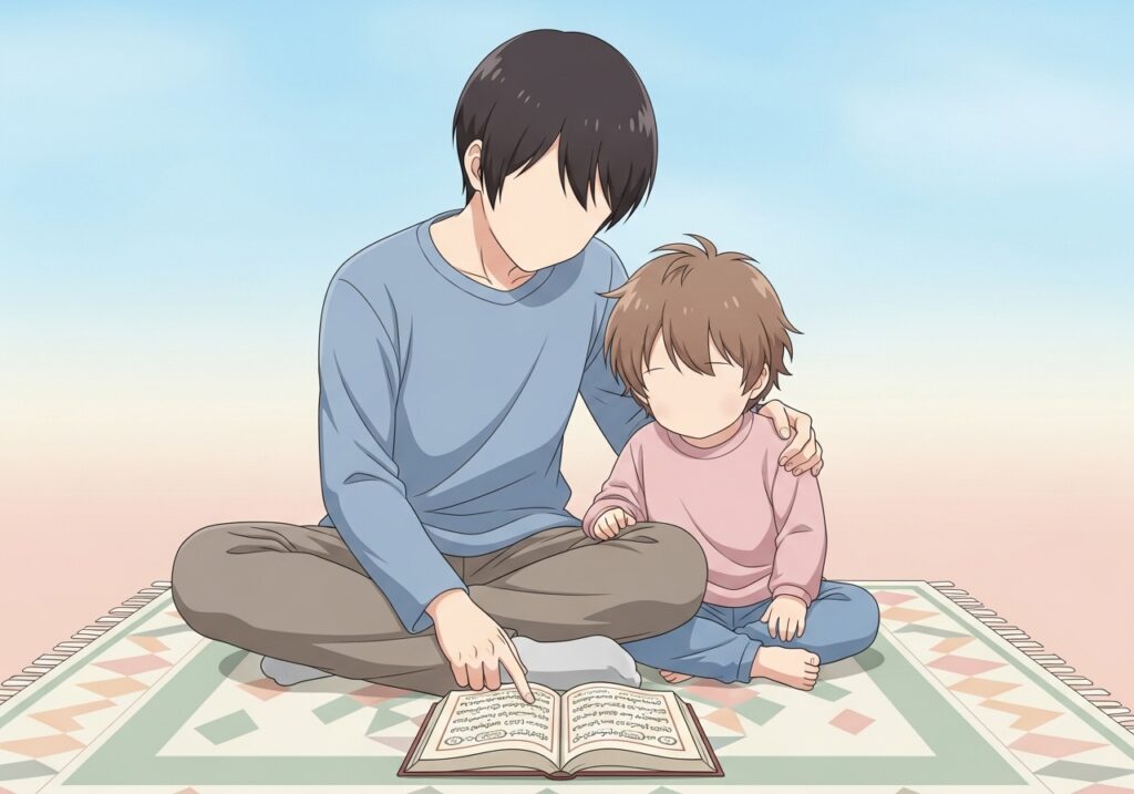 Parent and child calmly reciting the Quran together, demonstrating how short, focused Quran sessions can improve kids’ learning without causing fatigue.